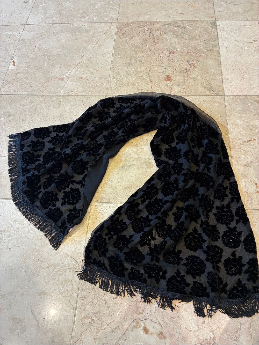 Elegant Black Floral Velvet Fringe Scarf